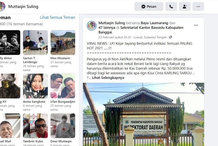 Salah satu postingan media sosial akun Muttaqin Suling yang menginformasikan soal adanya konflik di tubuh karang taruna Kabupaten Banggai.