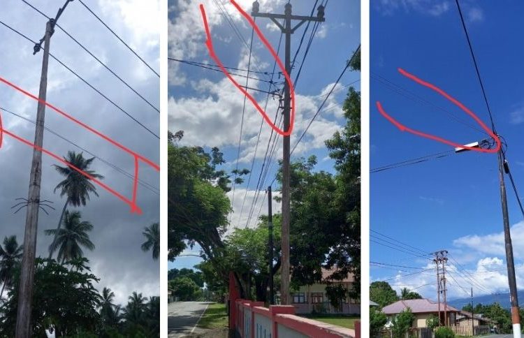 Kabel mikrotik jaringan internet yang di tarik dari Optical Distribution Point (ODP) PT.Telkom di Pagimana dan menempel di tiang listirik milik PT.PLN di jalur Tongkonunuk-Pakowa.