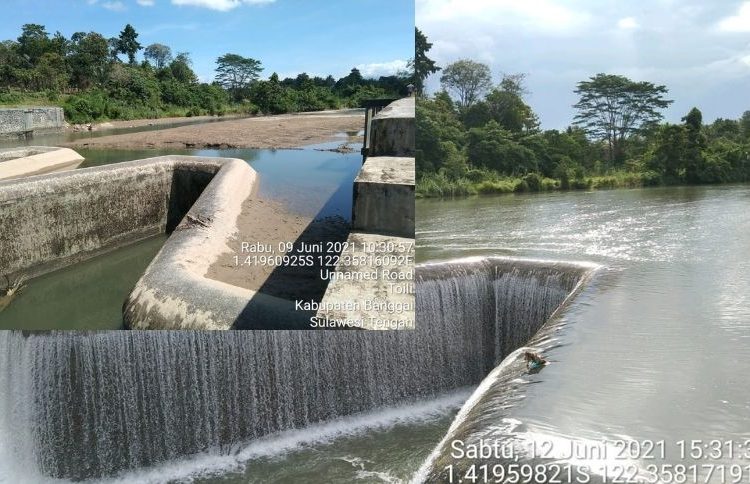 Aliran sungai di bendungan Sungai Toili kembali normal  Sabtu (12/6/2021), setelah sebelumnya sempat mengering akibat jebolnya tanggul penahan.