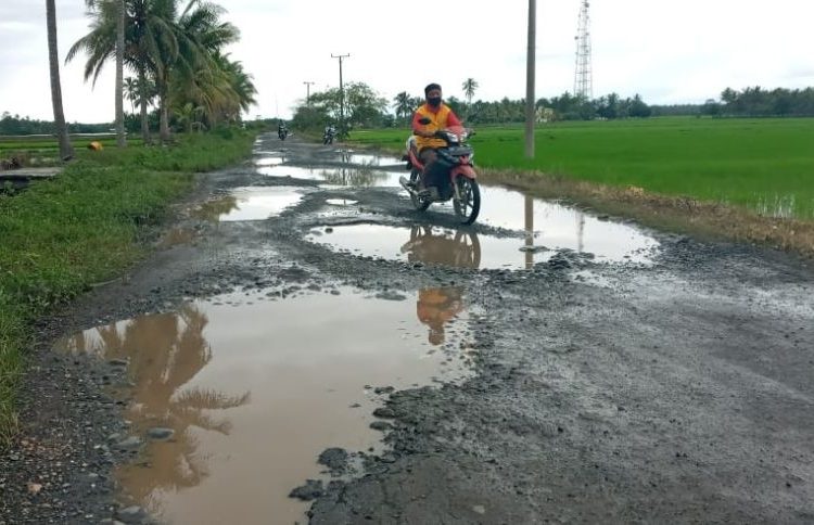 Kondisi jalan ruas Cemerlang - Duata Karya di Kecamatan Masama yang mulai rusak.