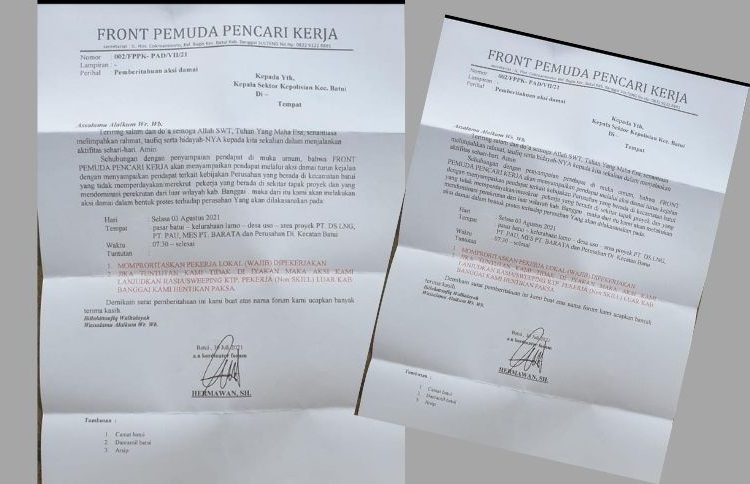 Surat pemberitahuan aksi demo yang akan dilaksanakan Front Pemuda Pencari Kerja (FPPK) Kecamatan Batui
